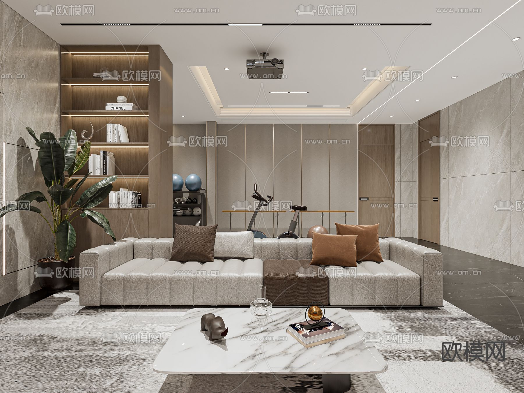 别墅地下室 影音区 健身区3d模型下载（渲染图1）