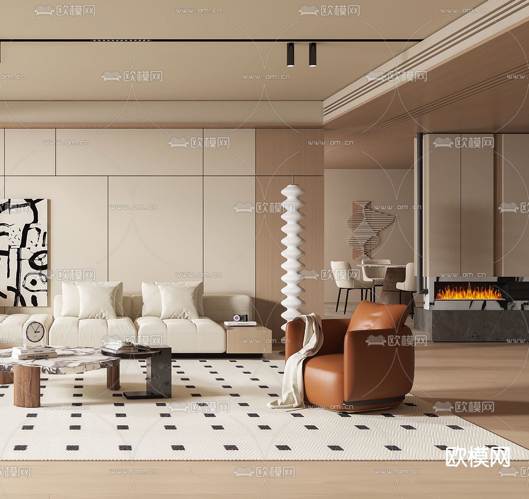 奶油风客厅3d模型下载（渲染图2）