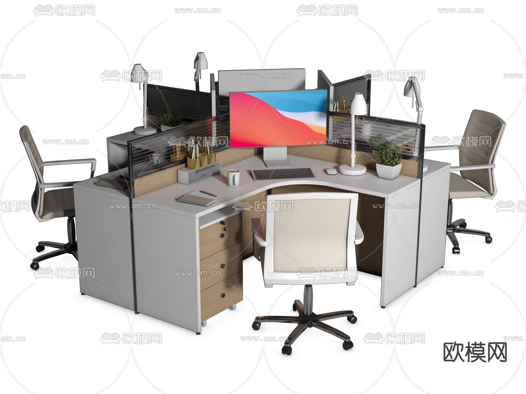 办公桌椅 屏风卡位su模型下载（渲染图1）