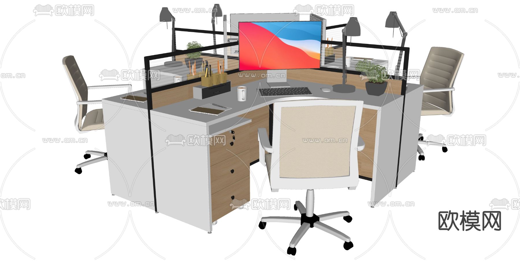 办公桌椅 屏风卡位su模型下载（渲染图3）
