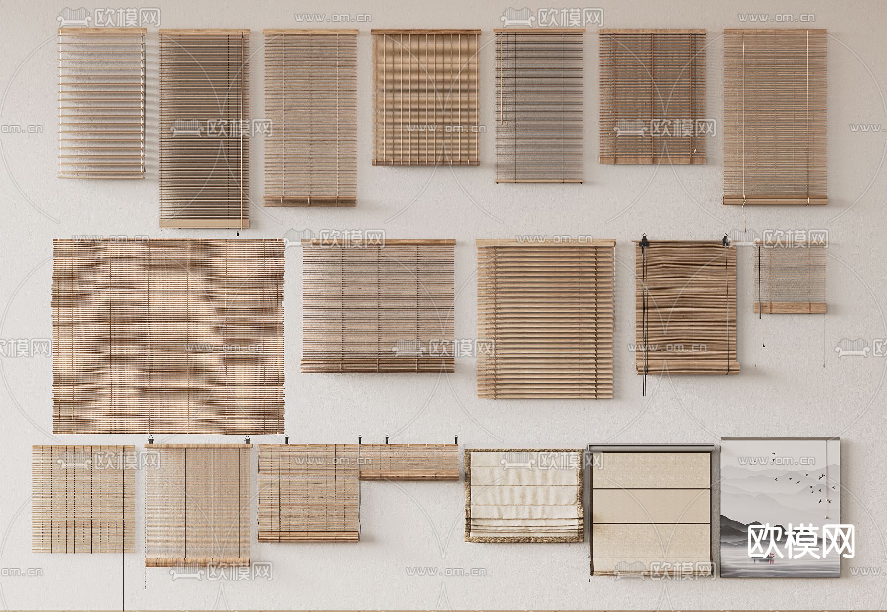 新中式竹帘 卷帘 拉帘su模型下载（渲染图1）