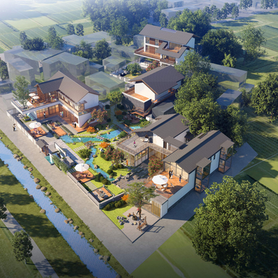  中式庭院民宿鸟瞰su模型 