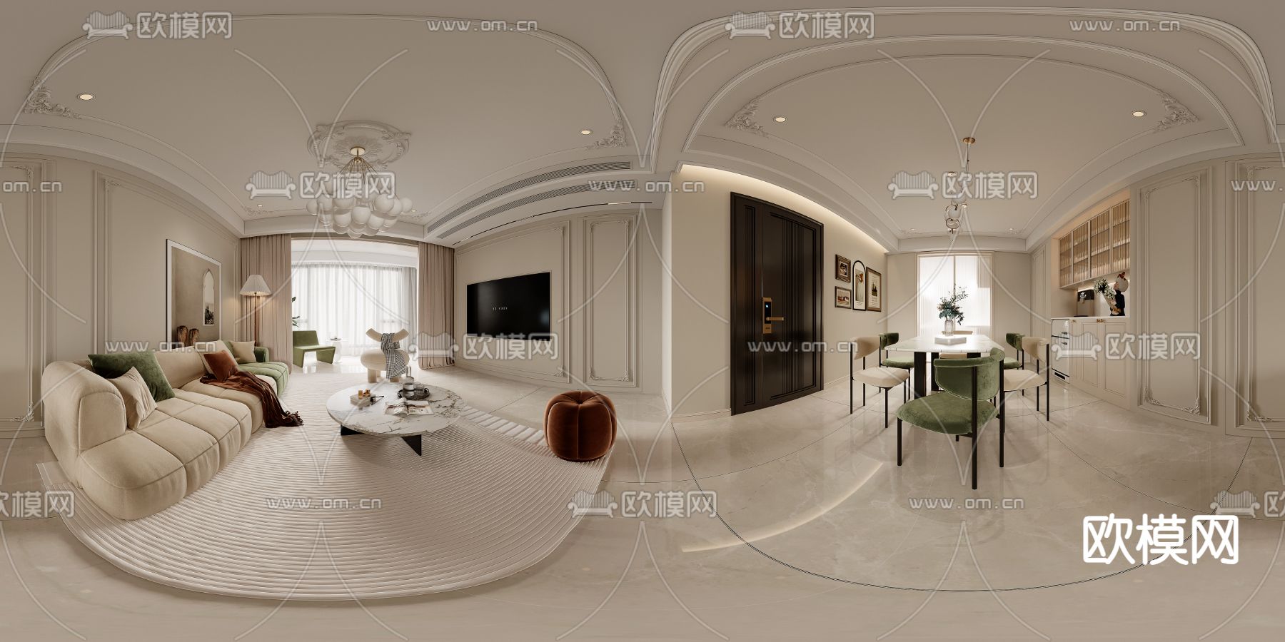 奶油风客餐厅cr全景3d模型