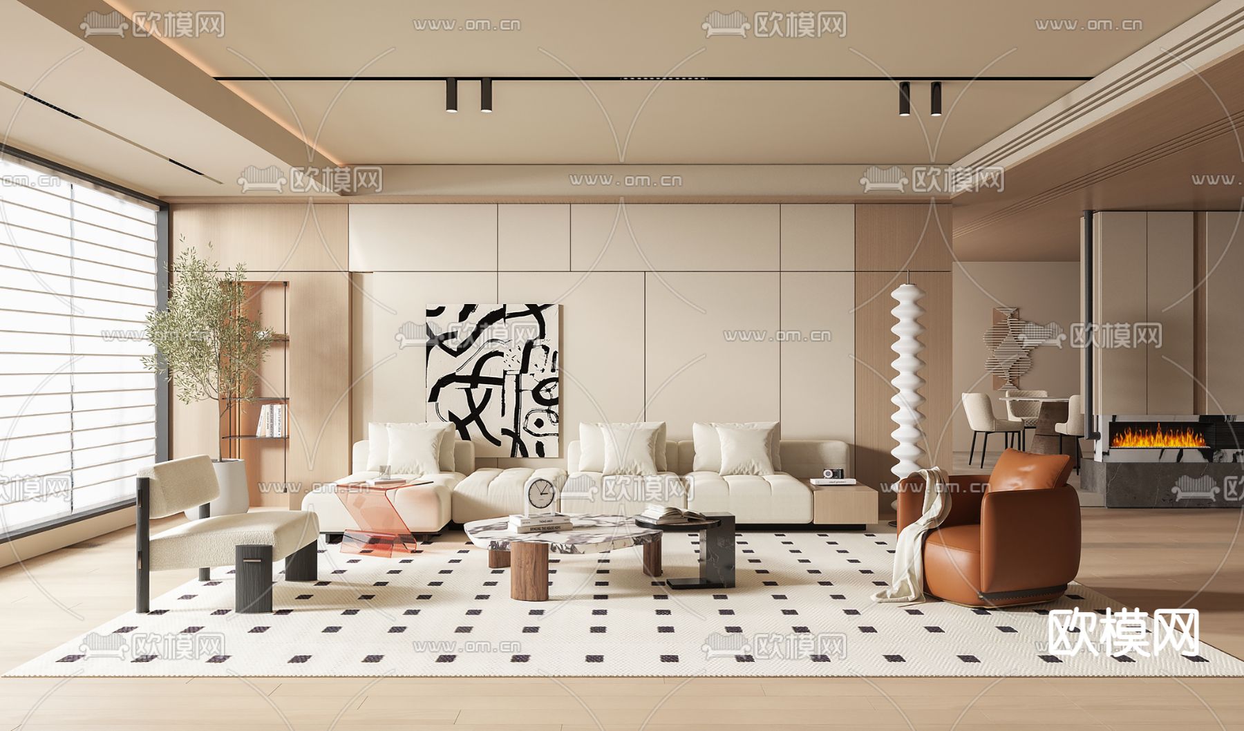 奶油风客厅3d模型下载（渲染图1）