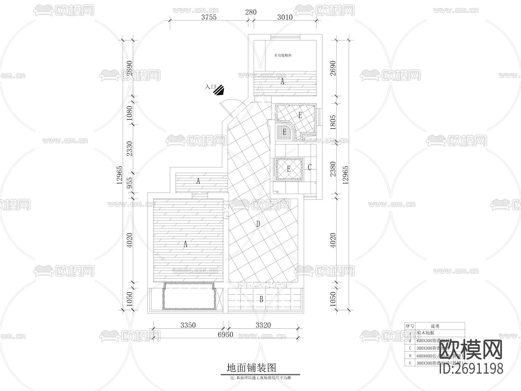 田园风两室两厅家装cad施工图下载（渲染图3）