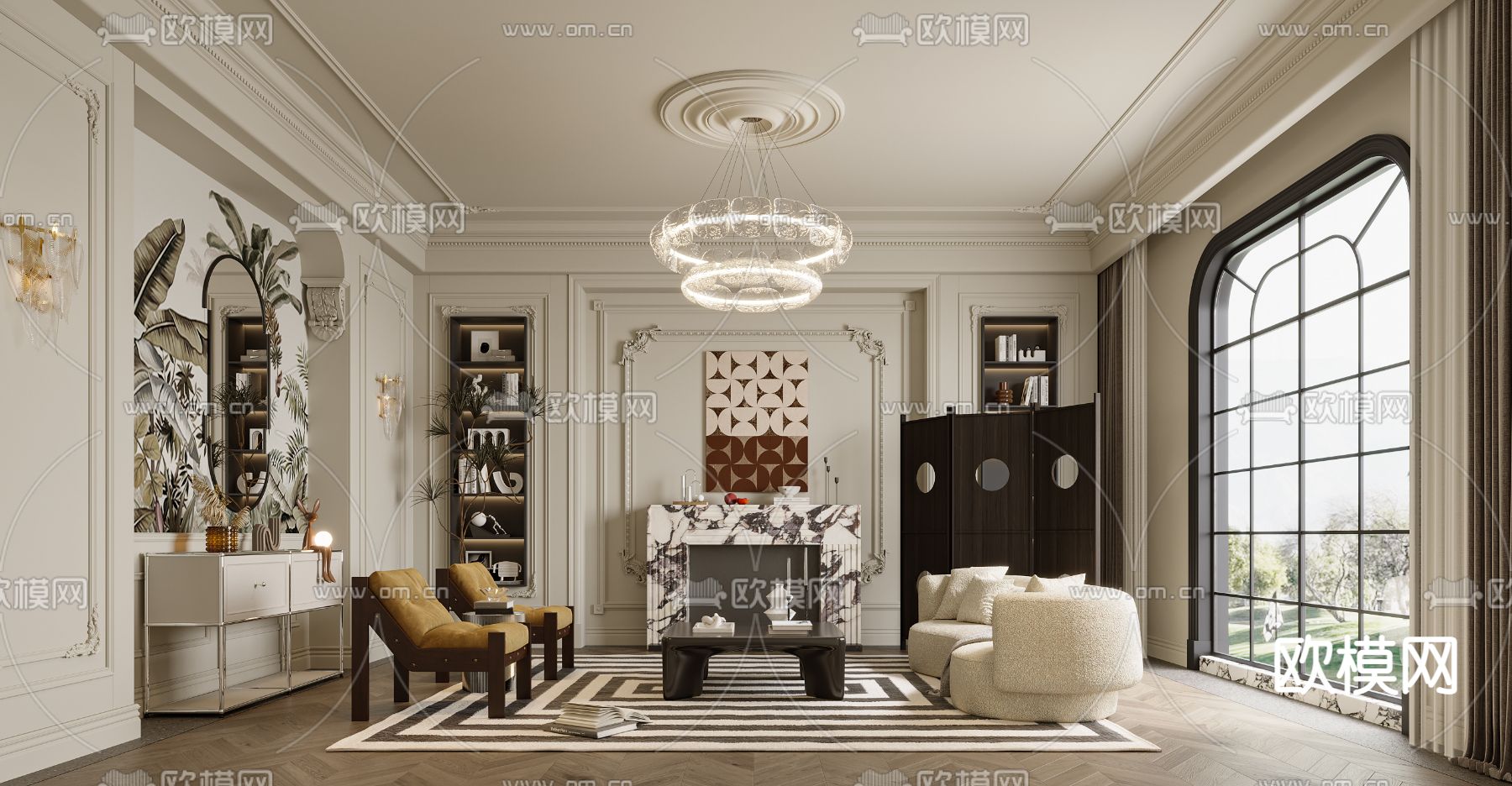 法式客厅su模型下载（渲染图1）