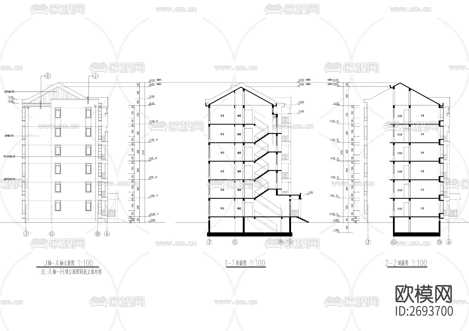 六层坡屋顶全套建筑CAD施工图下载（渲染图5）