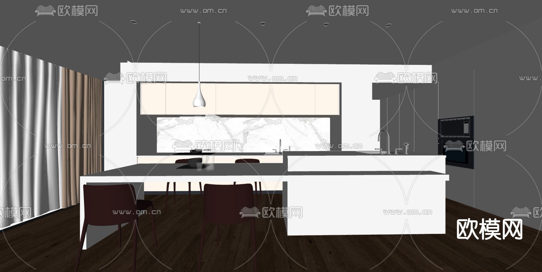 现代岛台厨房su模型下载（渲染图2）