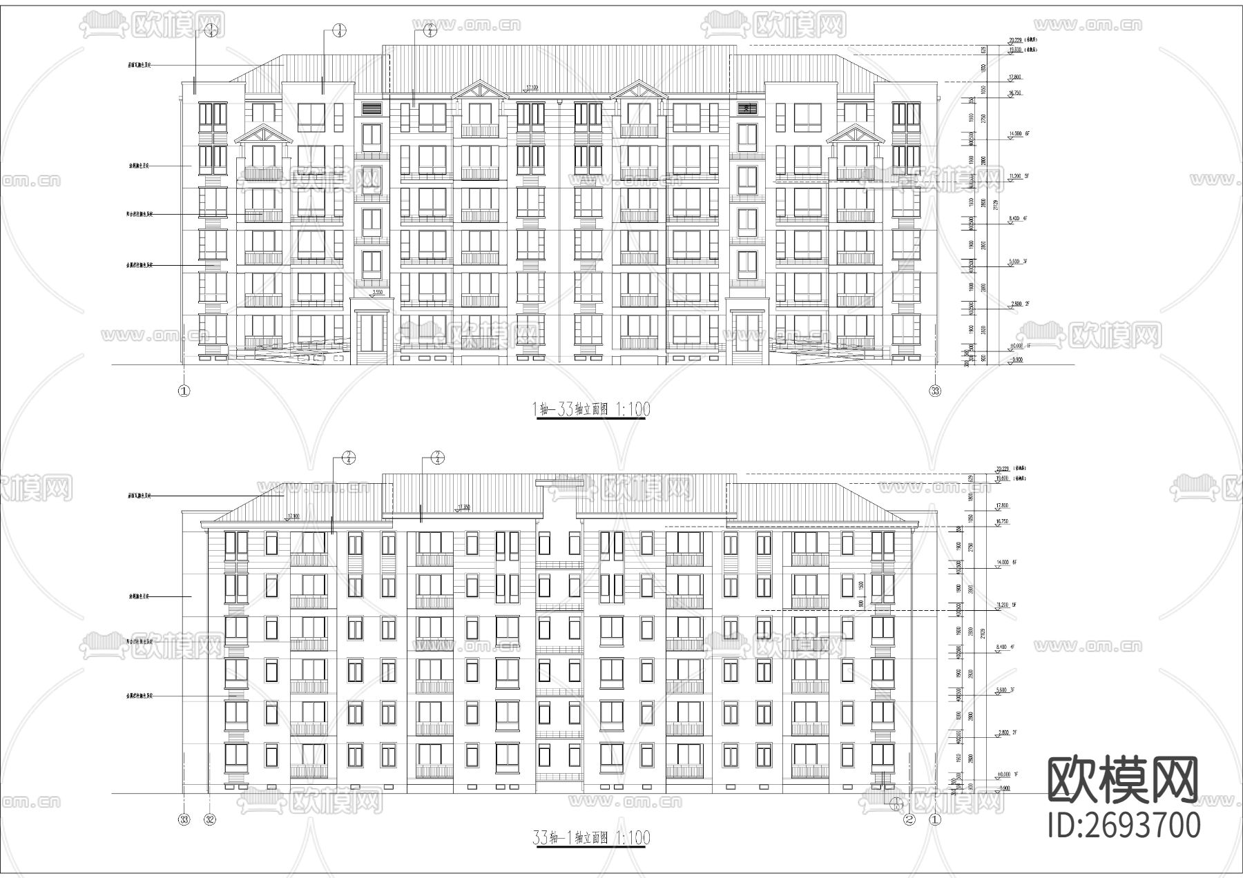 六层坡屋顶全套建筑CAD施工图下载（渲染图4）
