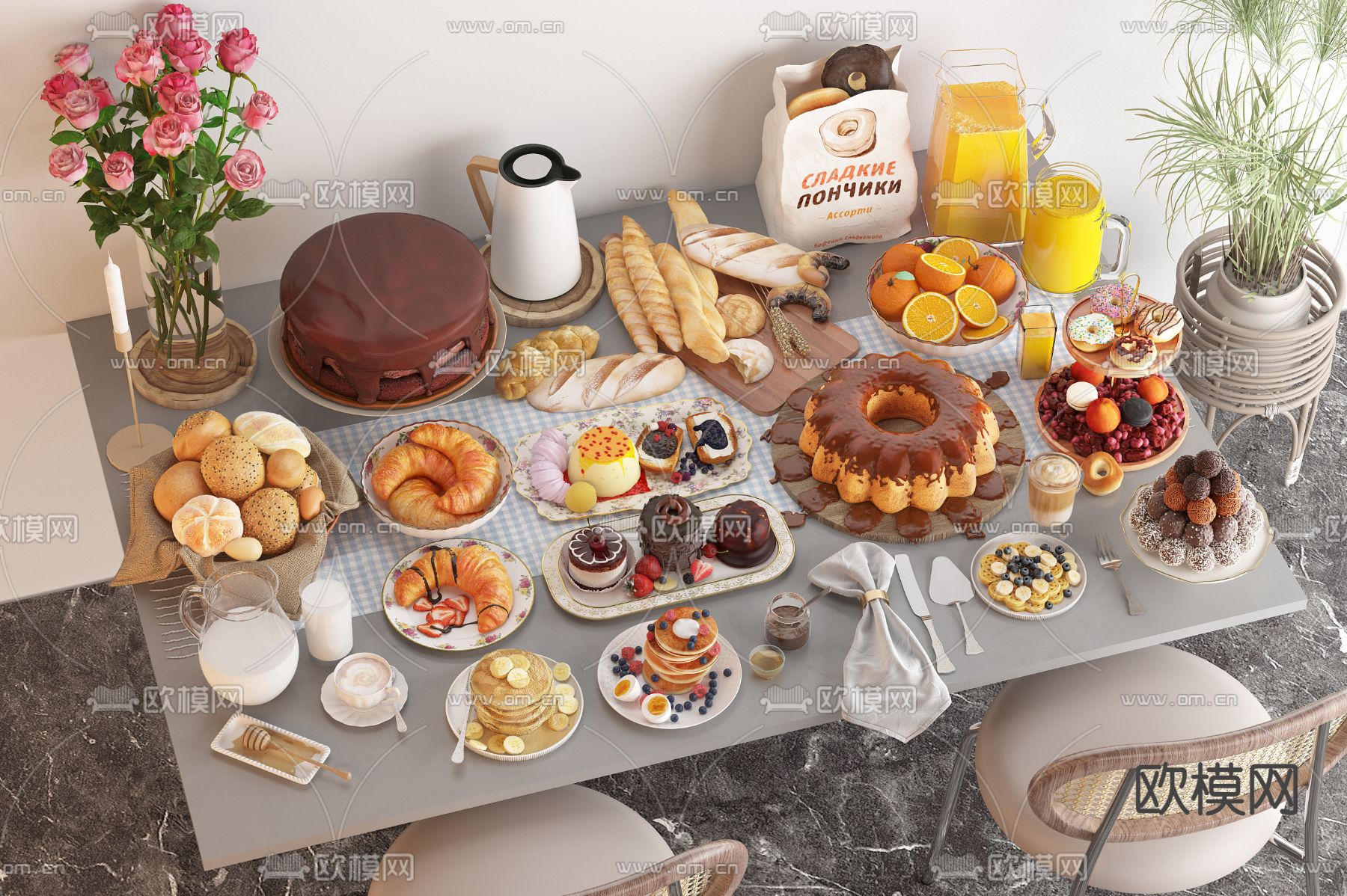 面包 蛋糕 食物 鸡蛋 牛奶su模型下载（渲染图1）