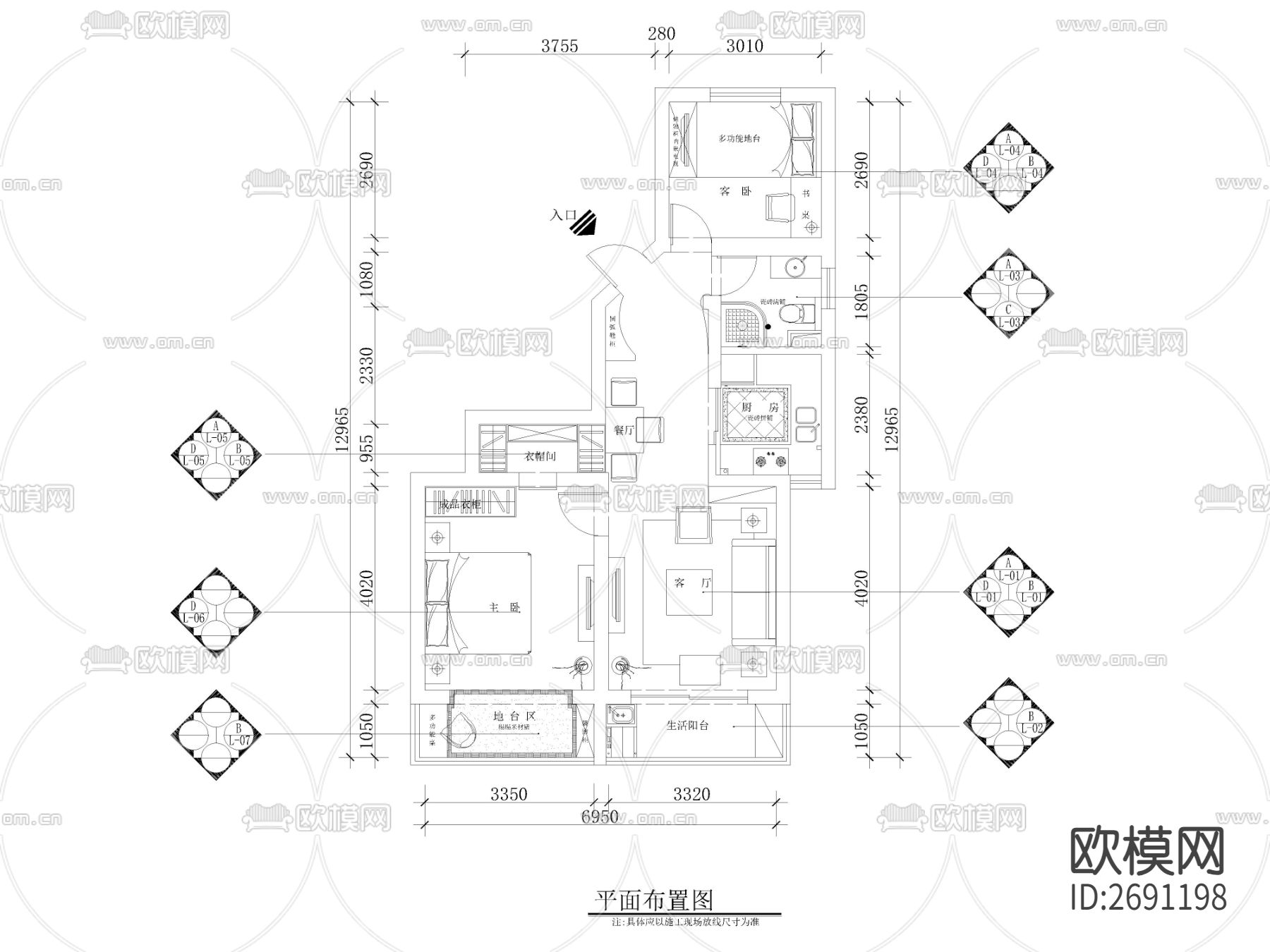 田园风两室两厅家装cad施工图下载（渲染图1）