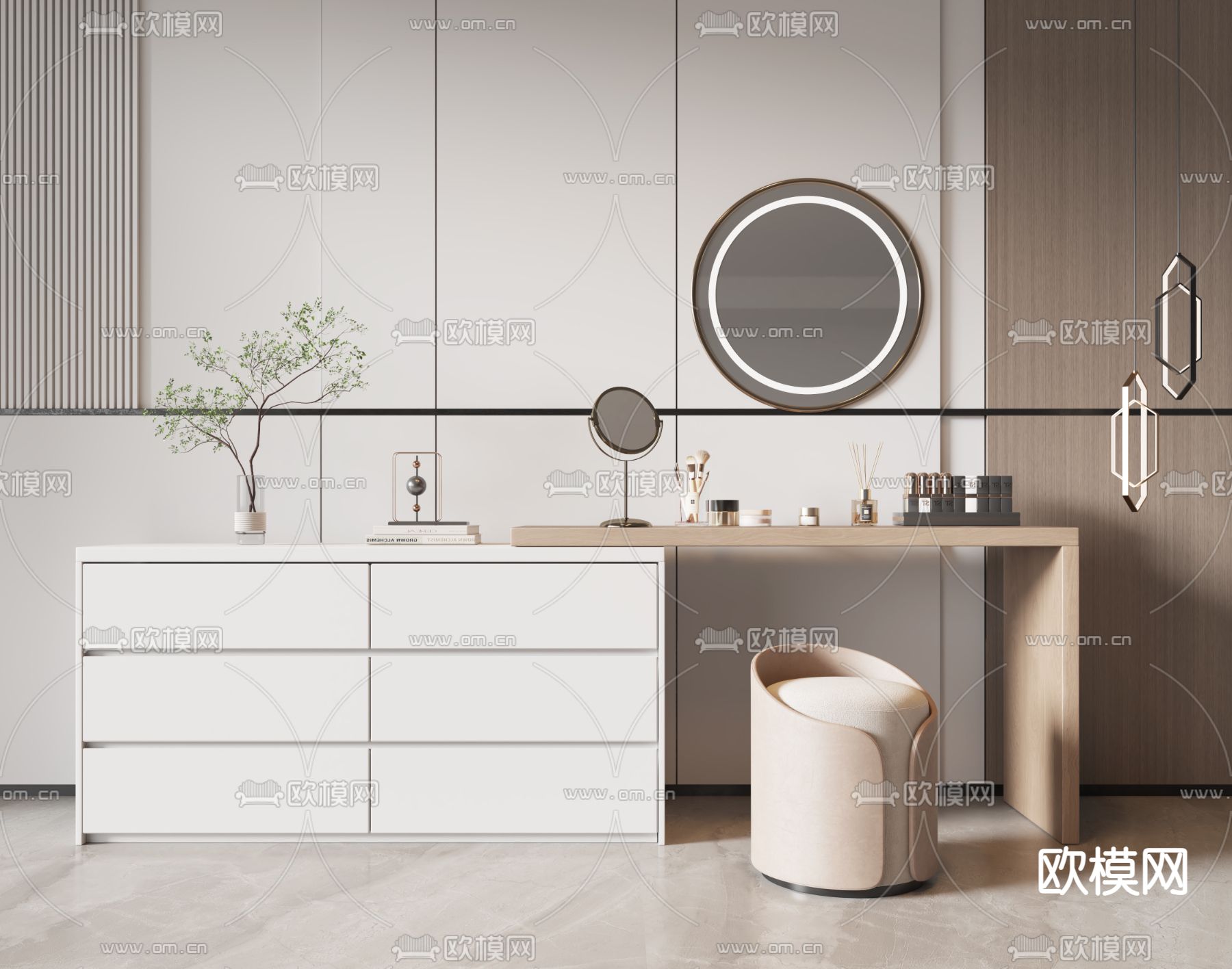 现代梳妆台su模型下载（渲染图1）