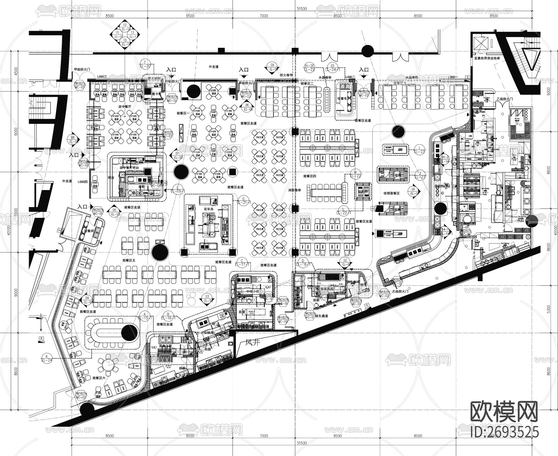 美食街美食广场CAD施工图下载（渲染图1）