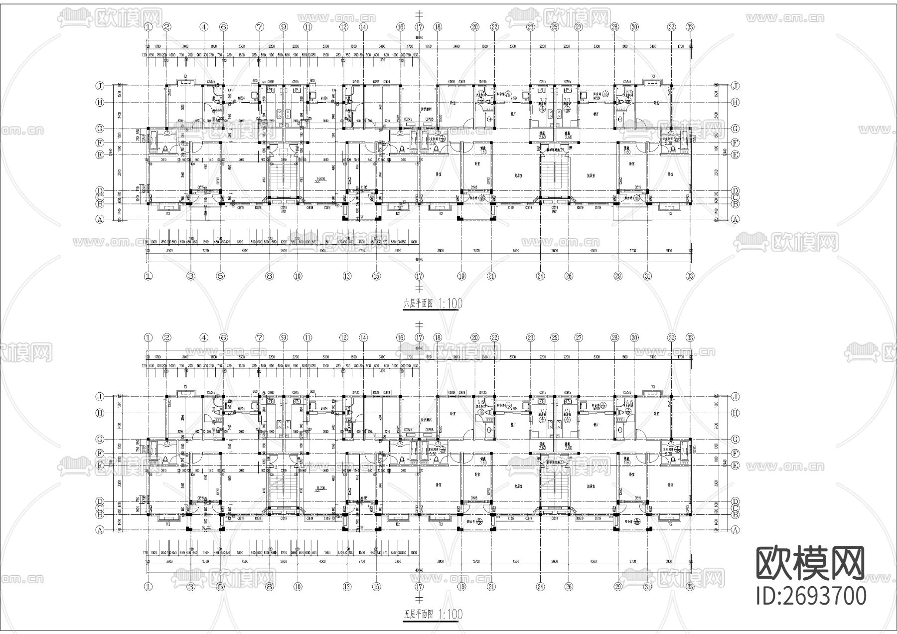 六层坡屋顶全套建筑CAD施工图下载（渲染图3）