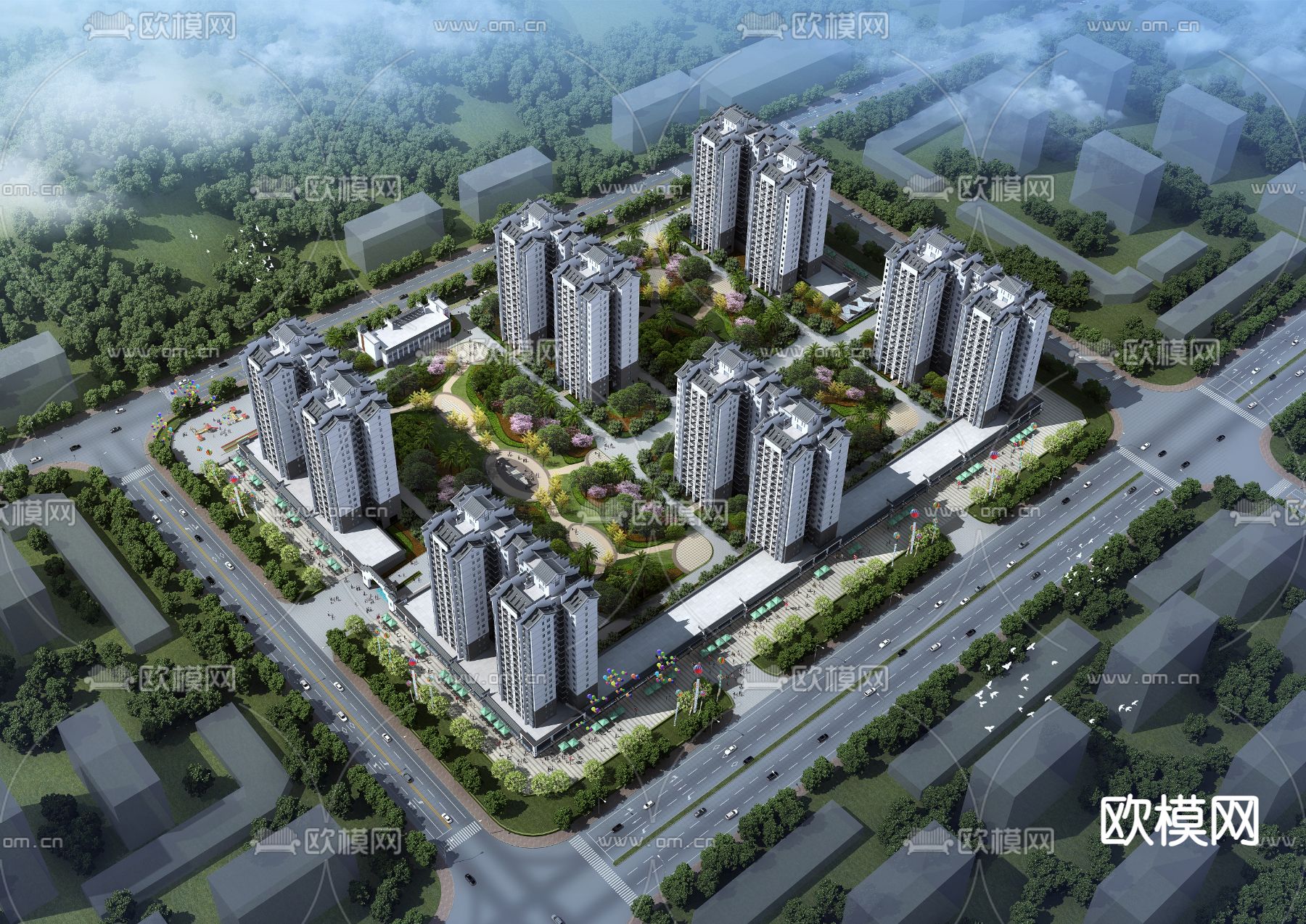 新中式住宅区 鸟瞰3d模型下载