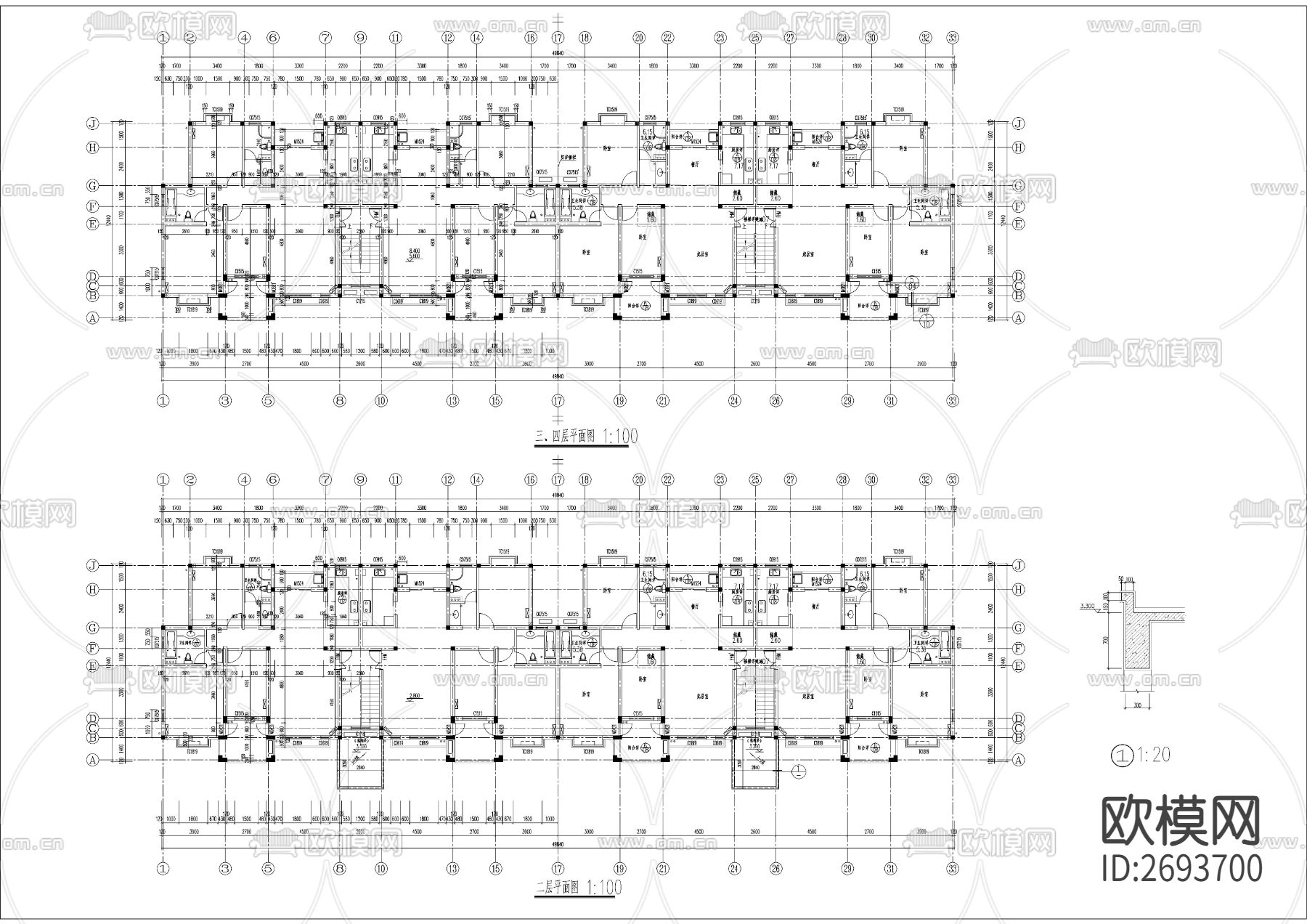六层坡屋顶全套建筑CAD施工图下载（渲染图2）