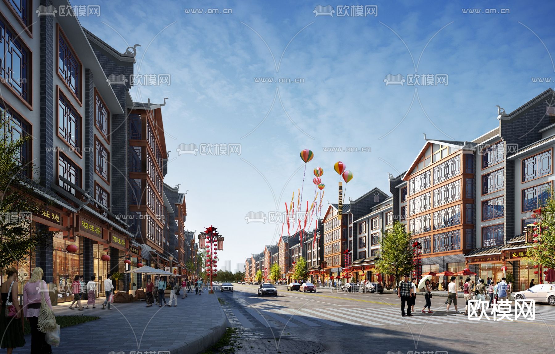 新中式商业街 步行街3d模型下载