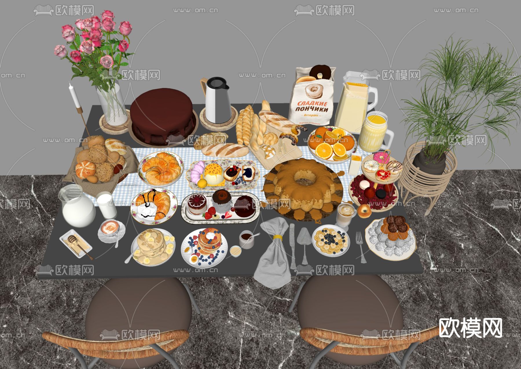 面包 蛋糕 食物 鸡蛋 牛奶su模型下载（渲染图2）