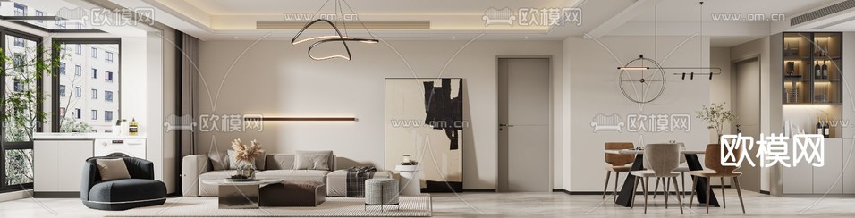 现代客餐厅免费3d模型下载(渲染图1)