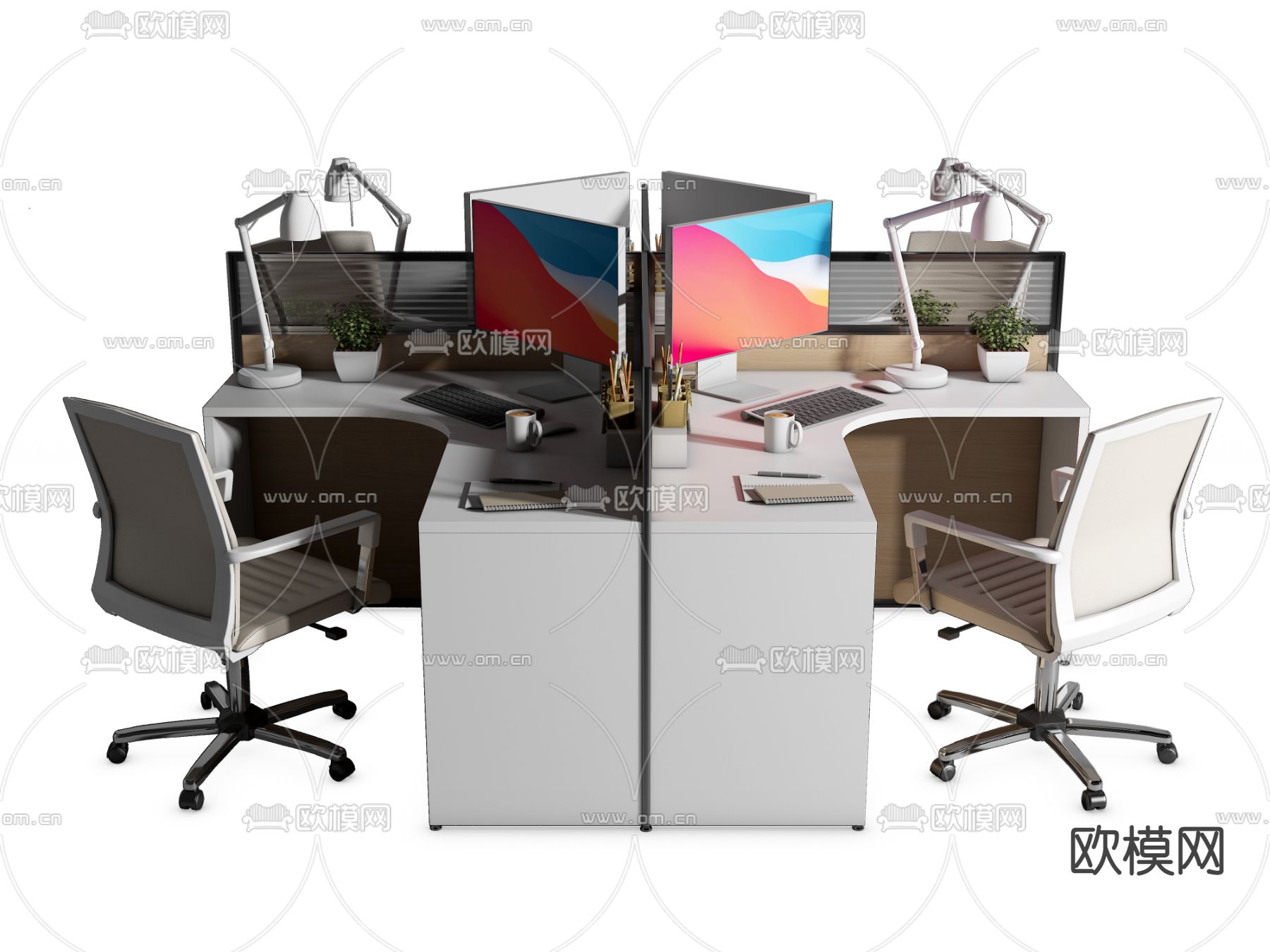 办公桌椅 屏风卡位su模型下载（渲染图2）