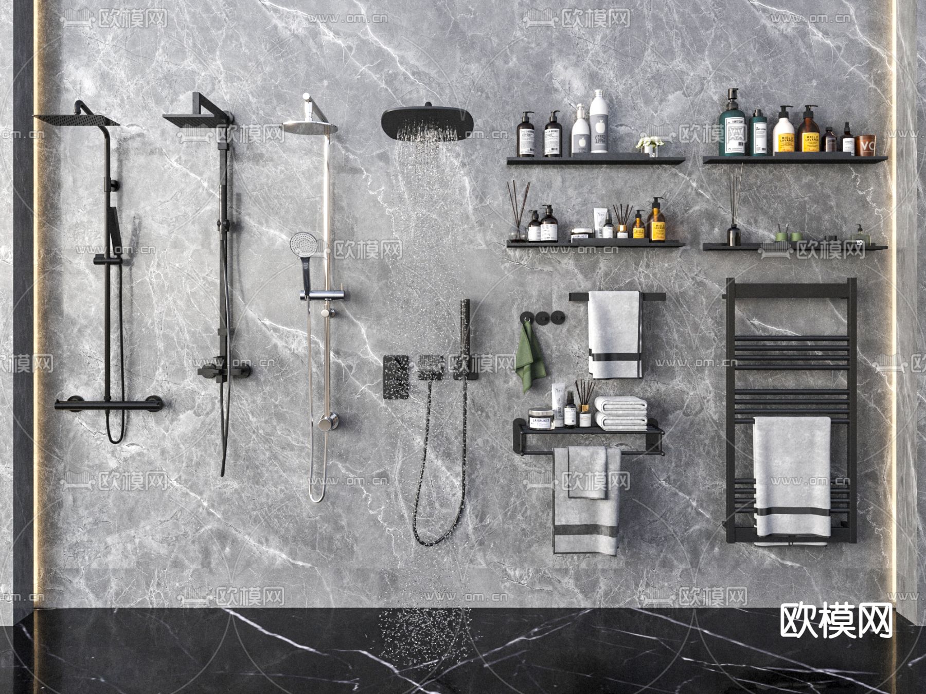 花洒 卫浴 五金 毛巾架3d模型下载（渲染图1）