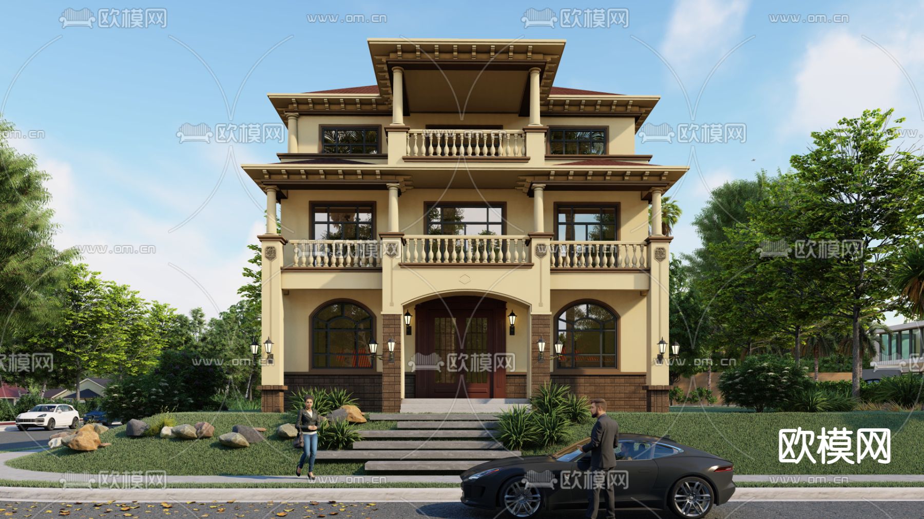 简欧别墅外观su模型下载（渲染图3）