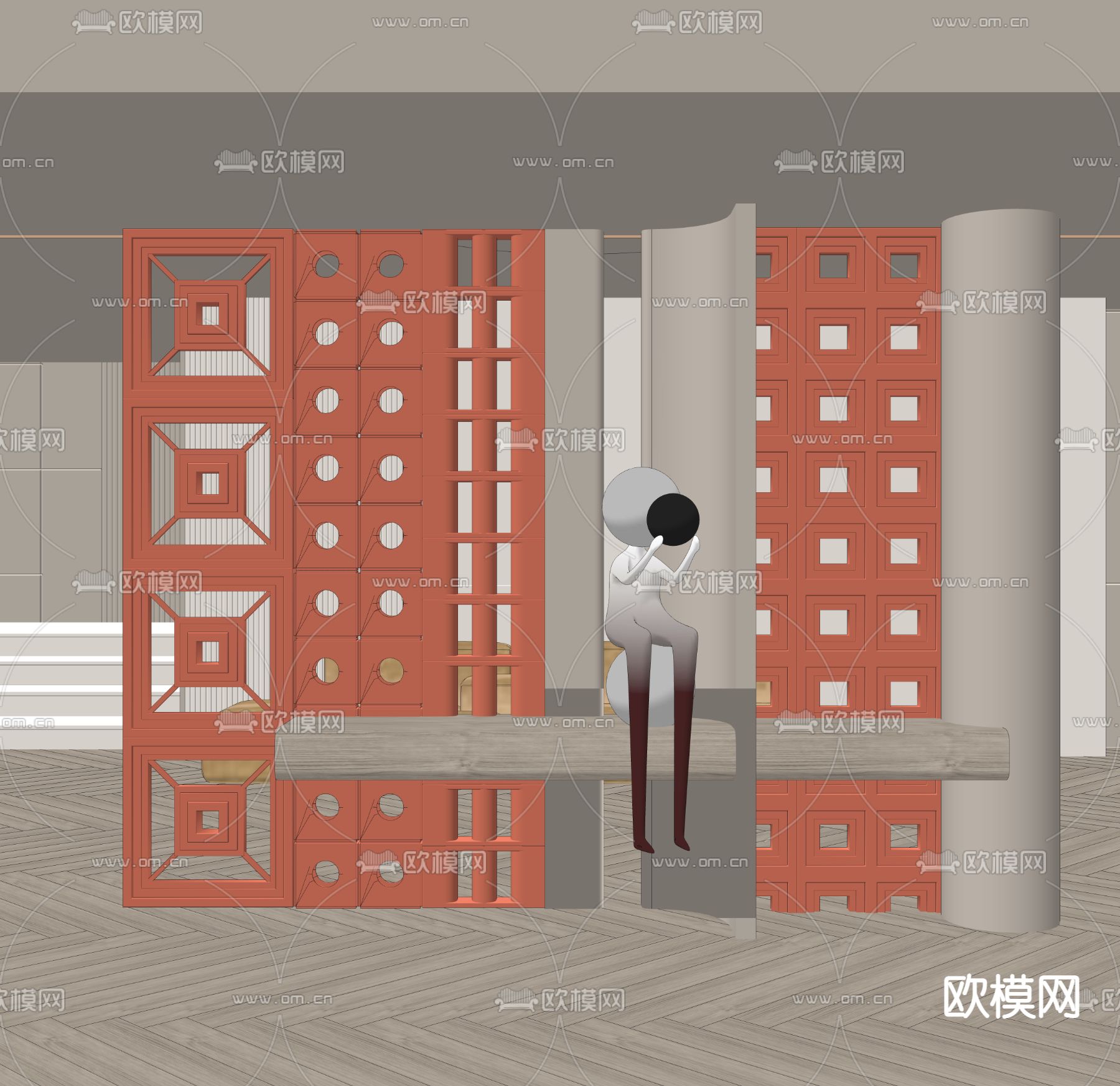 侘寂风水泥构件屏风隔断su模型下载（渲染图2）