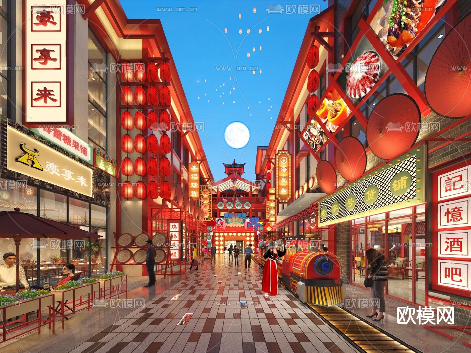 新中式国潮商业街su模型下载（渲染图1）