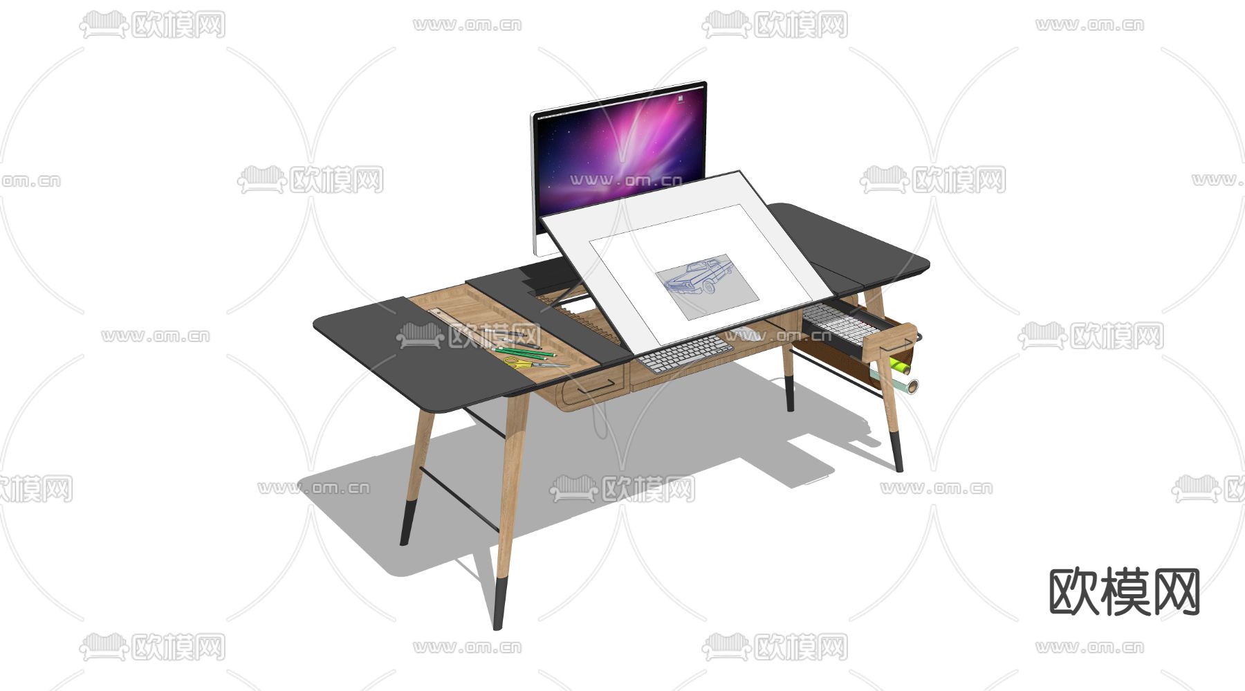 现代办公绘图桌su模型下载（渲染图3）