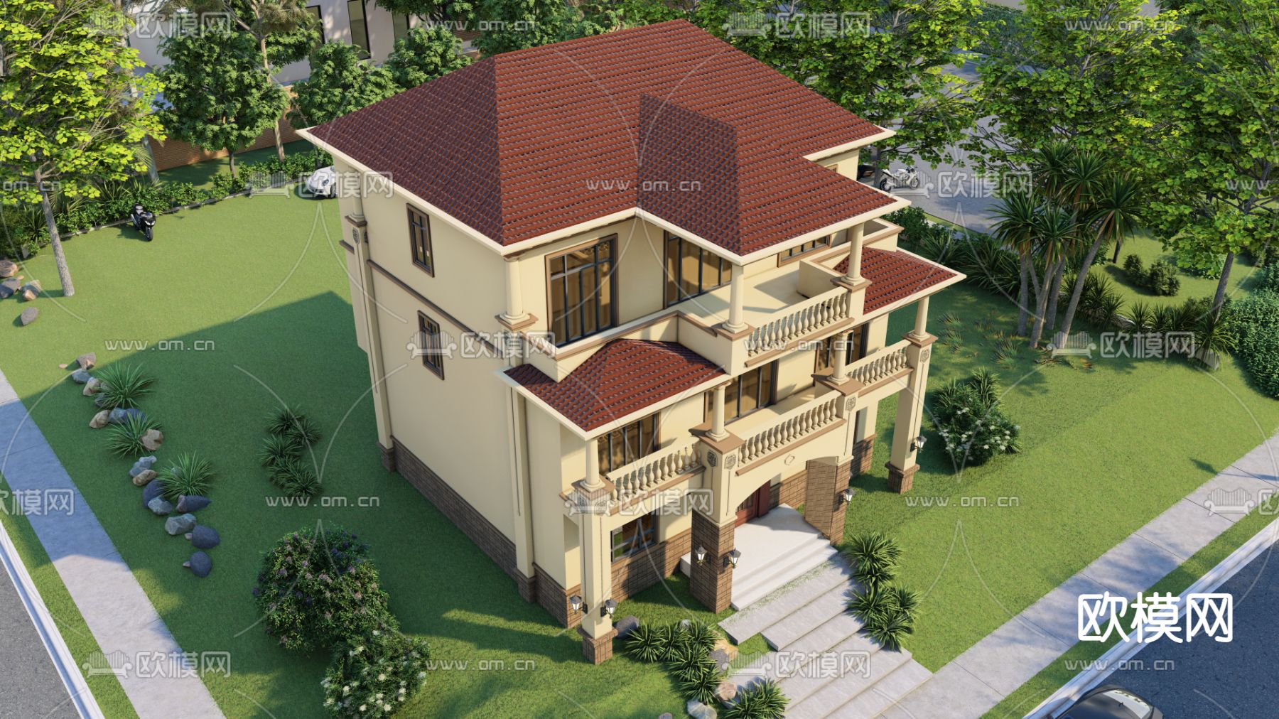 简欧别墅外观su模型下载（渲染图2）