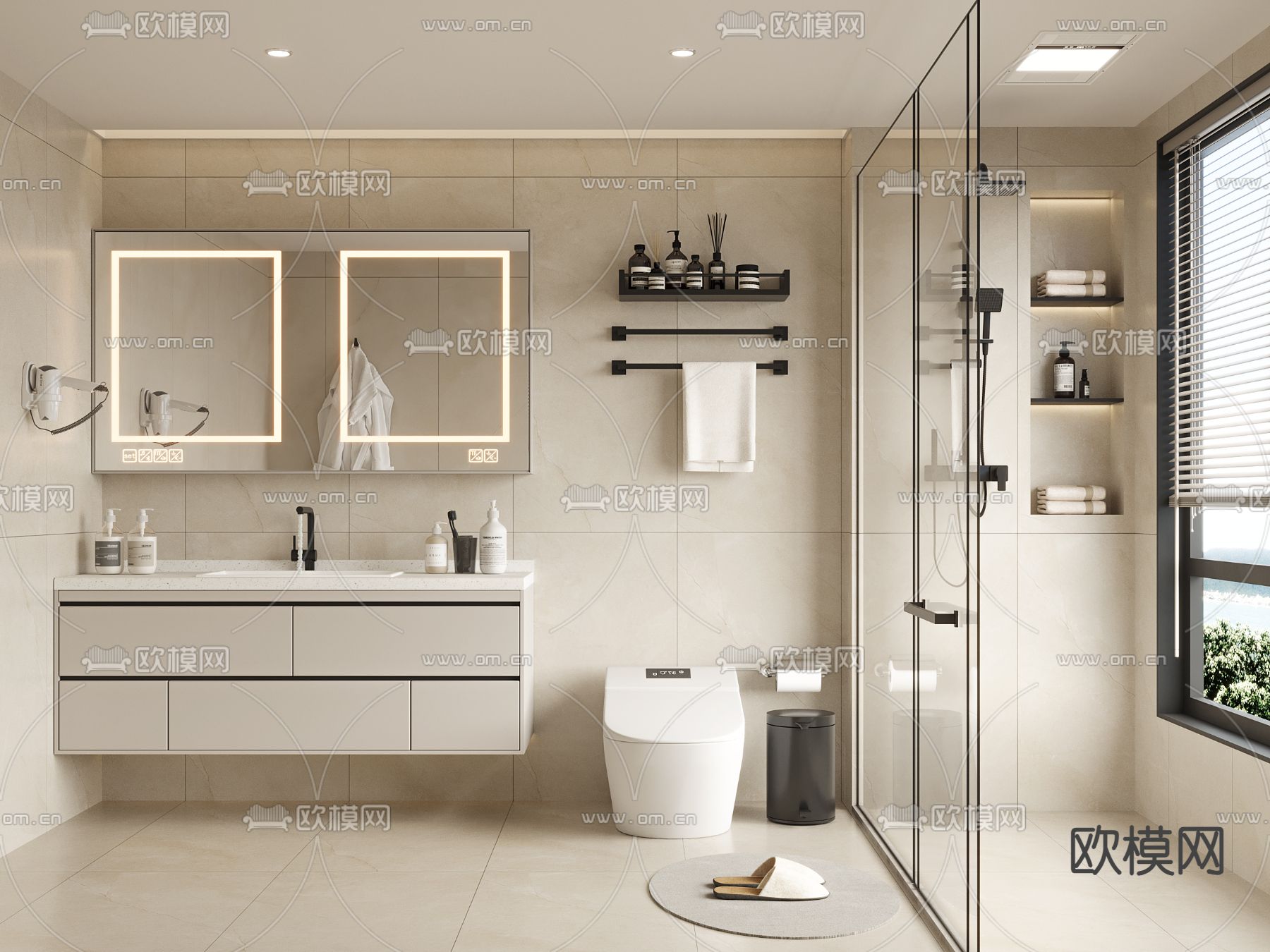 奶油卫生间 浴室 洗手间3d模型下载