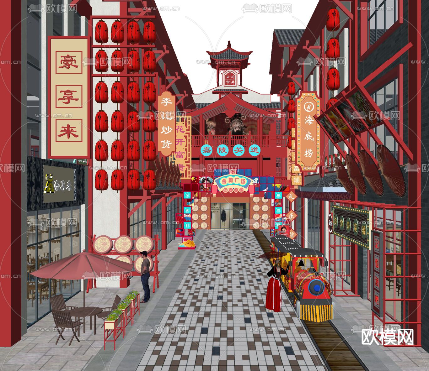 新中式国潮商业街su模型下载（渲染图2）