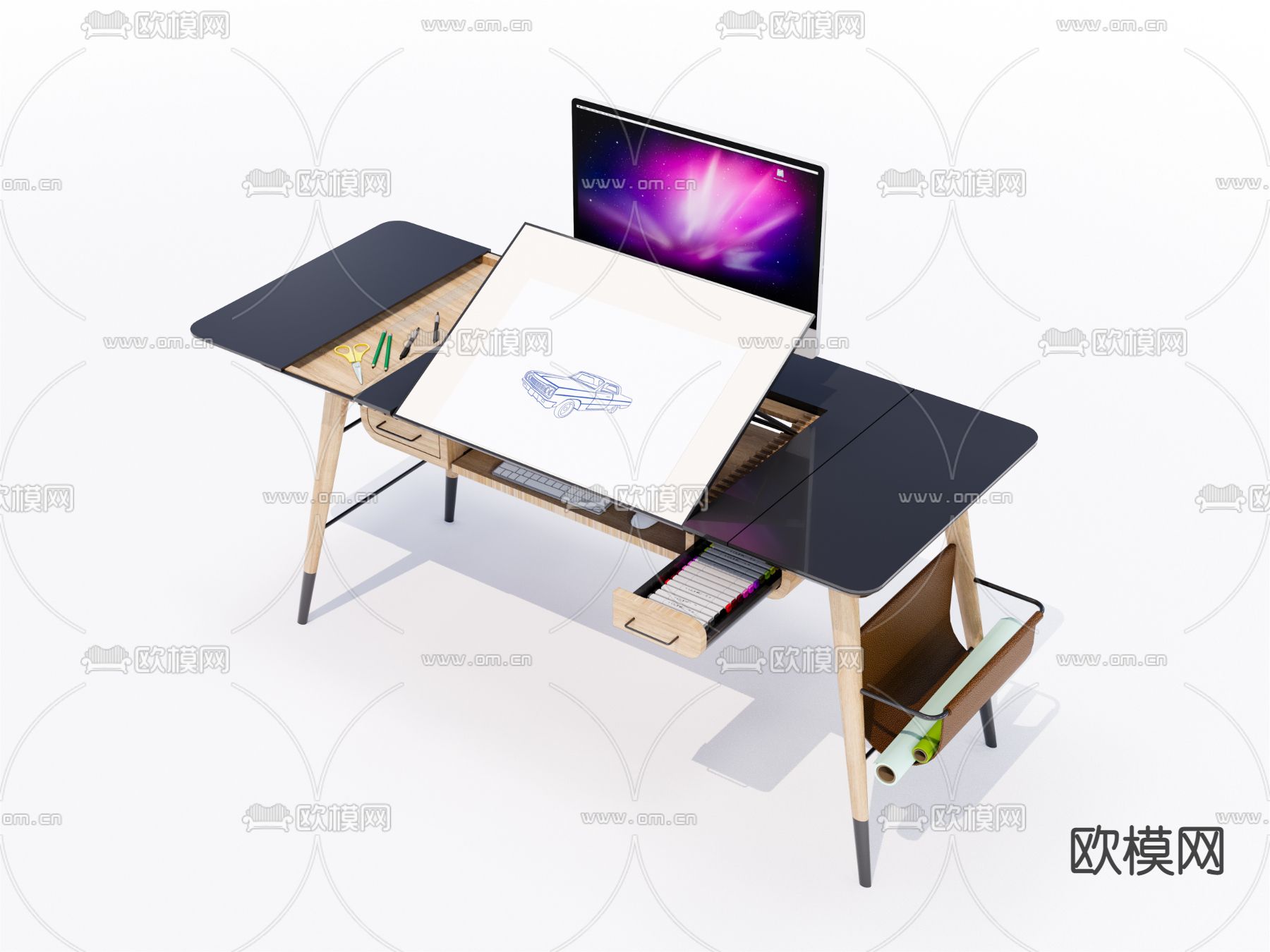 现代办公绘图桌su模型下载（渲染图1）