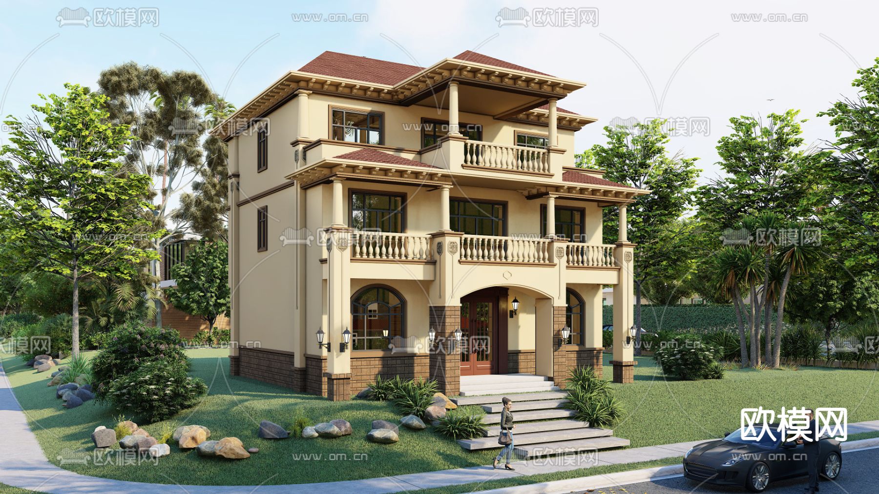 简欧别墅外观su模型下载（渲染图1）