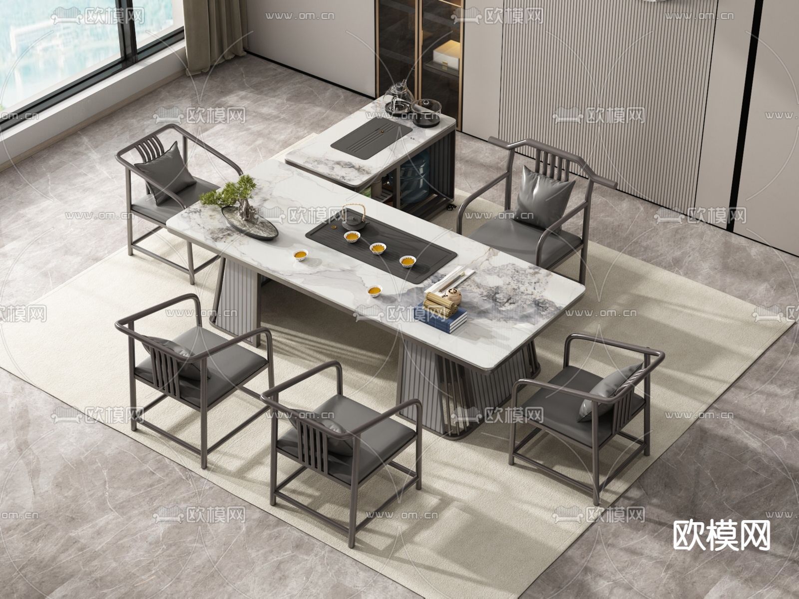 新中式茶桌椅su模型下载（渲染图1）