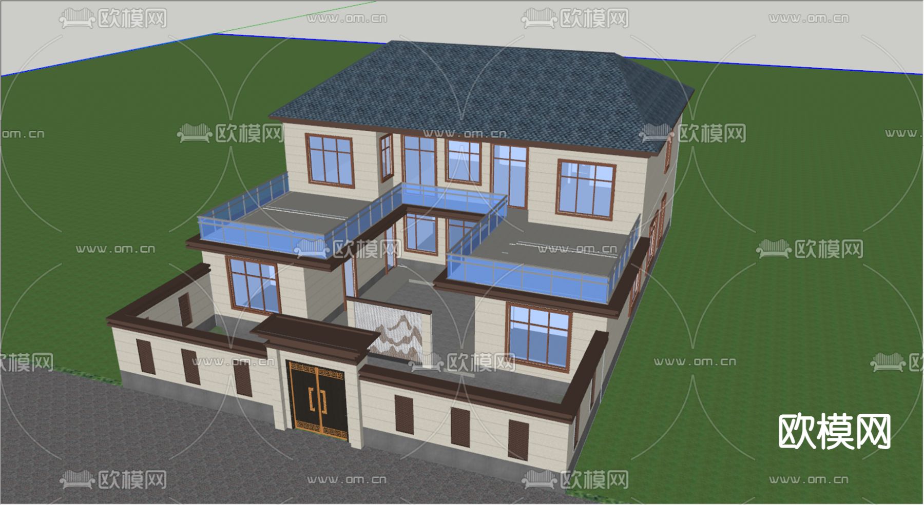新中式四合院su模型下载（渲染图3）
