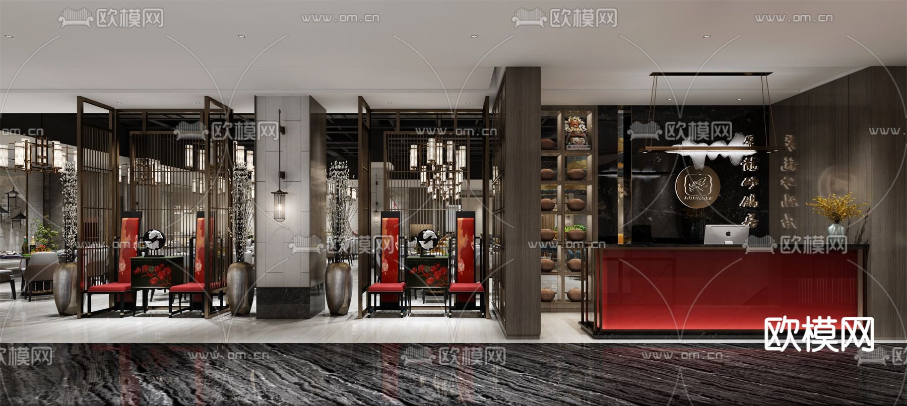 新中式餐厅 前台su模型下载（渲染图1）