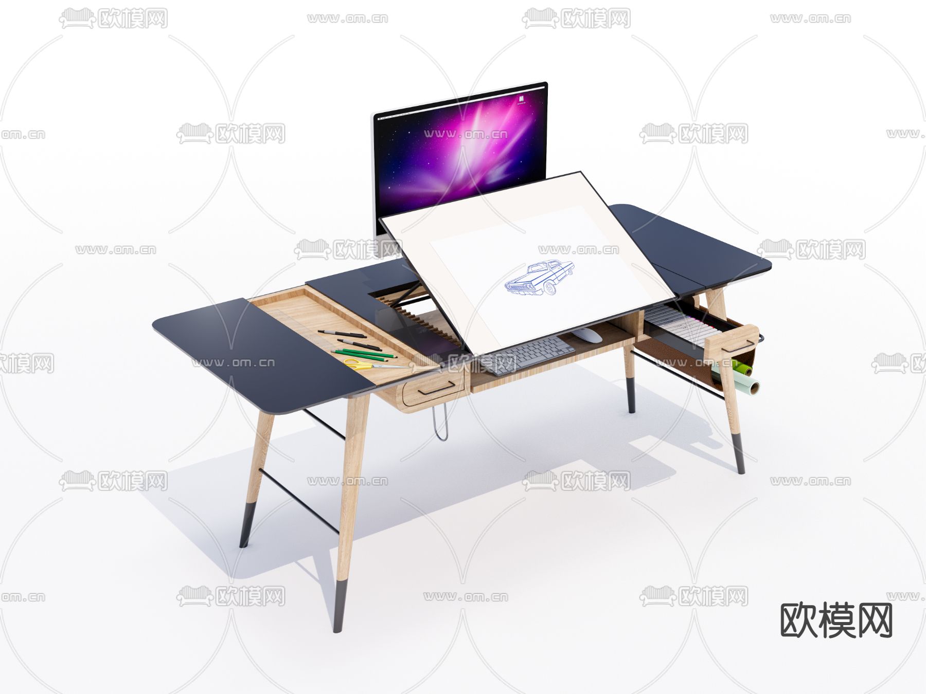 现代办公绘图桌su模型下载（渲染图2）