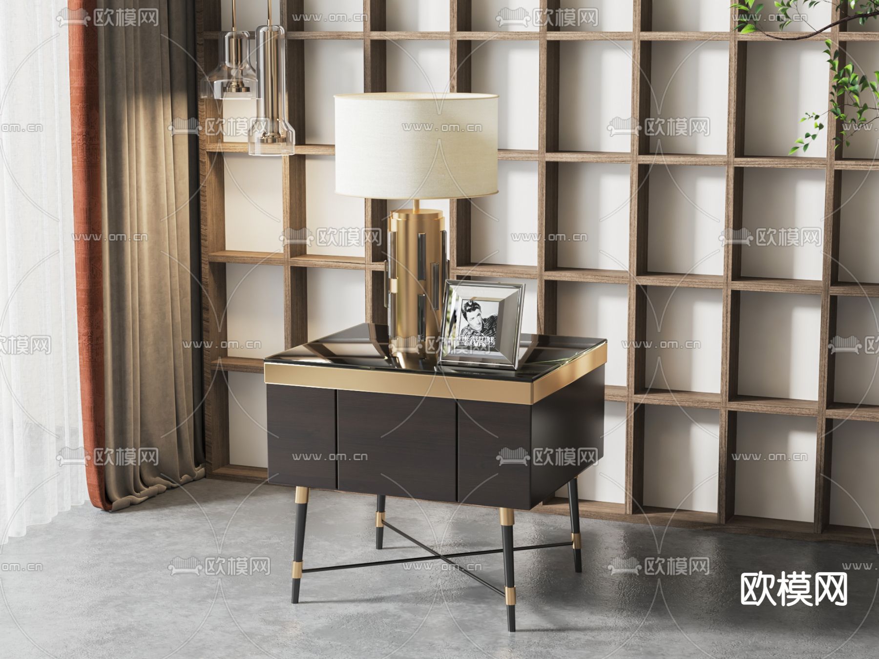 新中式床头柜su模型下载（渲染图1）