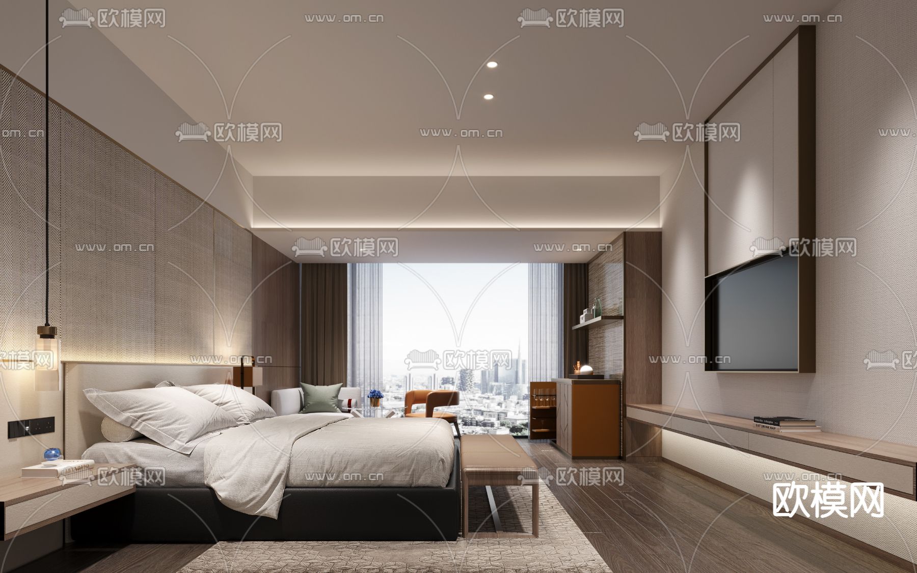 现代酒店客房su模型下载（渲染图1）