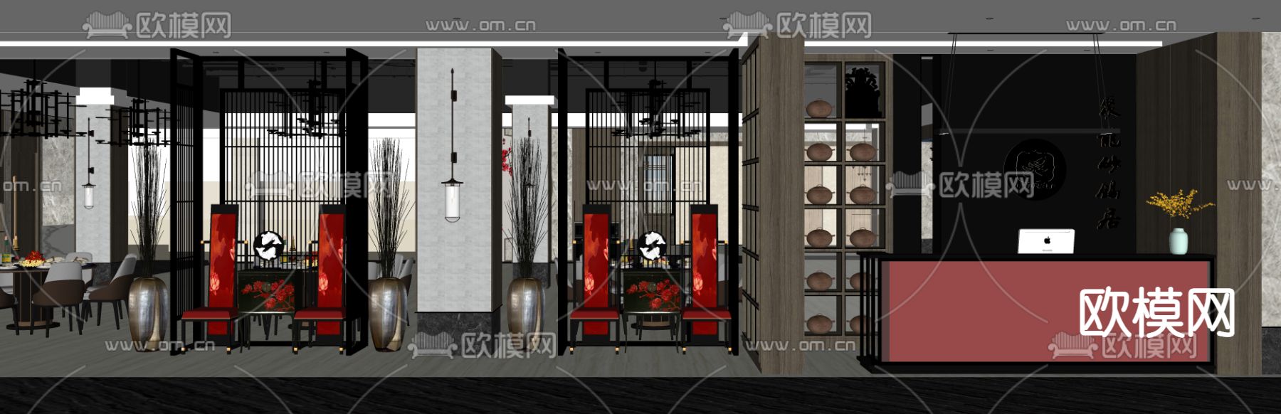 新中式餐厅 前台su模型下载（渲染图2）