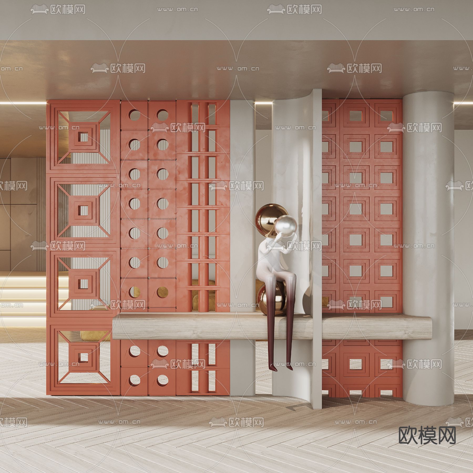 侘寂风水泥构件屏风隔断su模型下载（渲染图1）