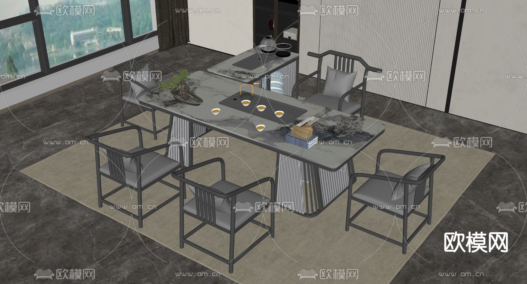 新中式茶桌椅su模型下载（渲染图2）