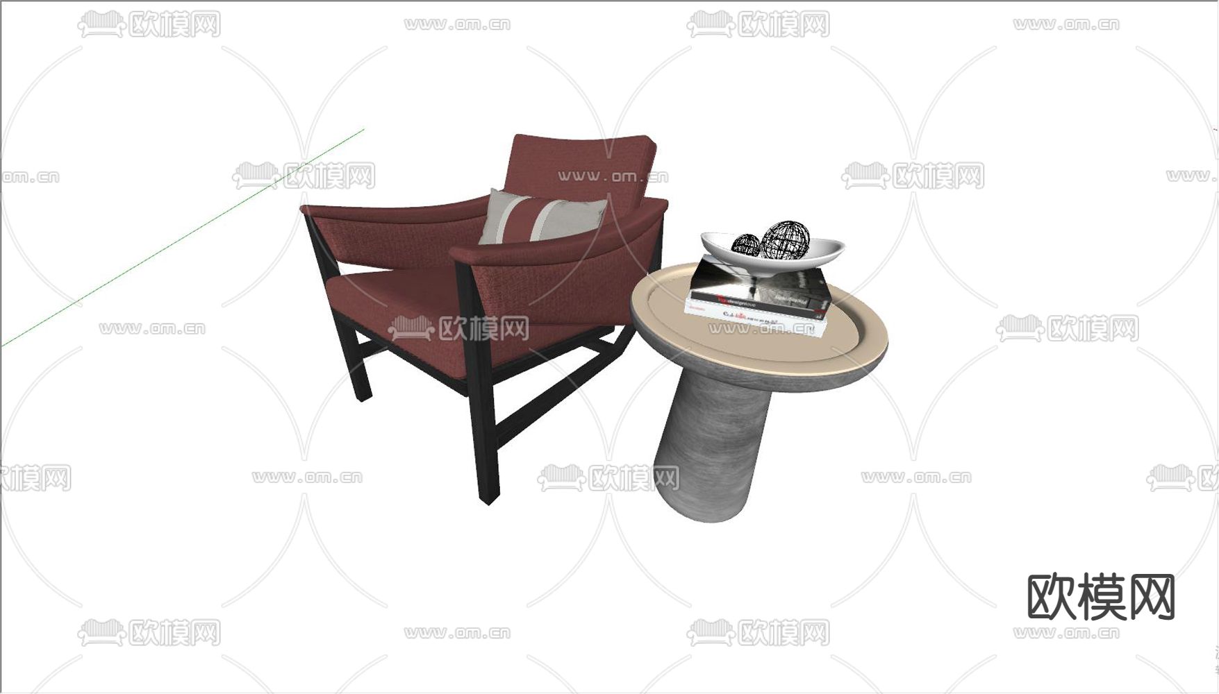 新中式单人沙发su模型下载（渲染图2）