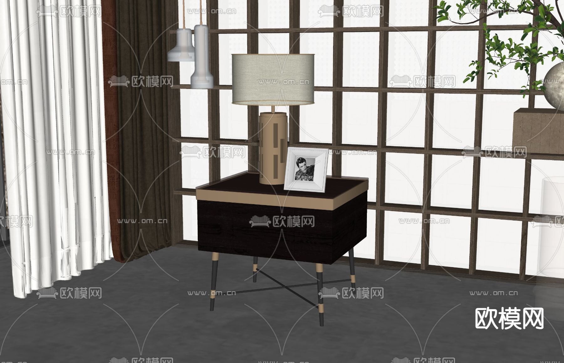 新中式床头柜su模型下载（渲染图2）