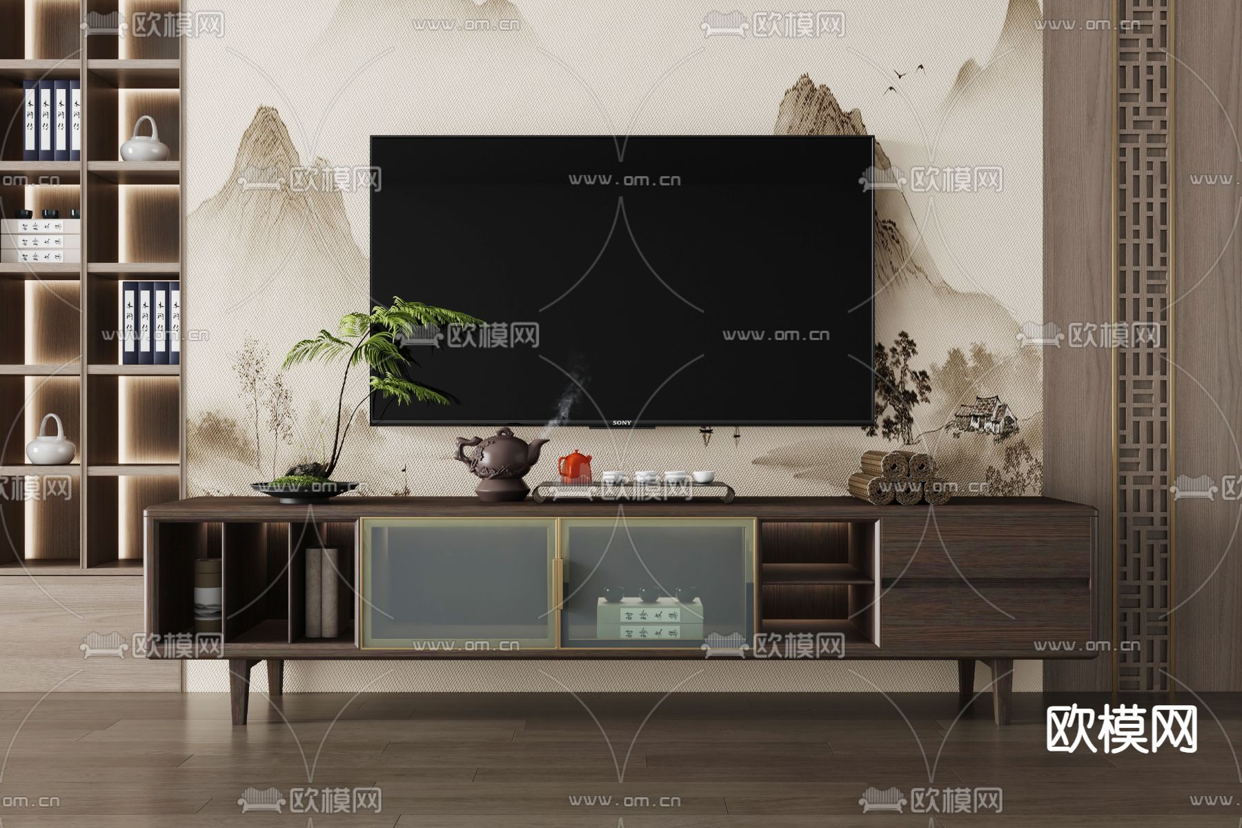 新中式电视柜3d模型下载