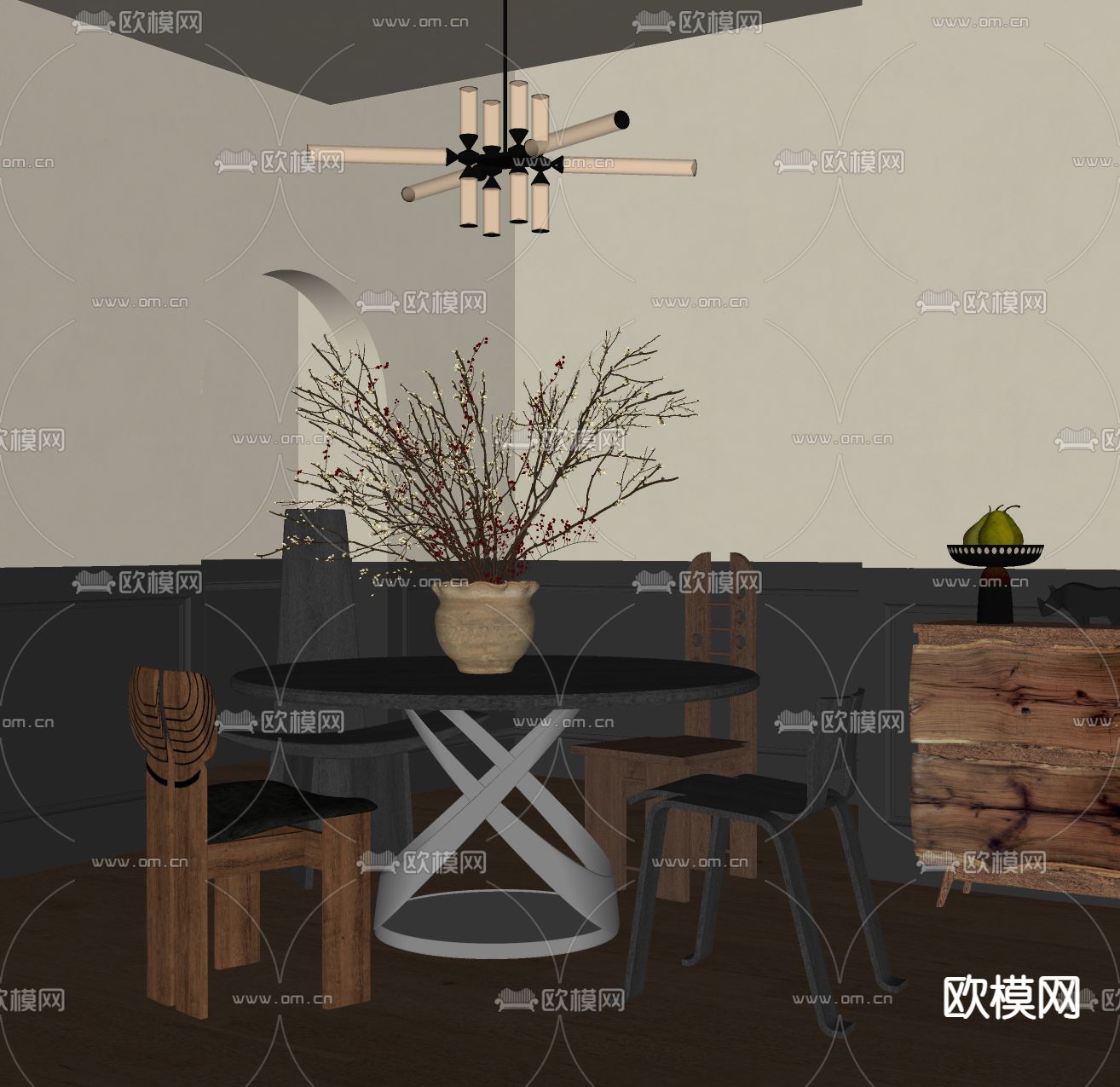 中古风餐桌椅su模型下载（渲染图2）