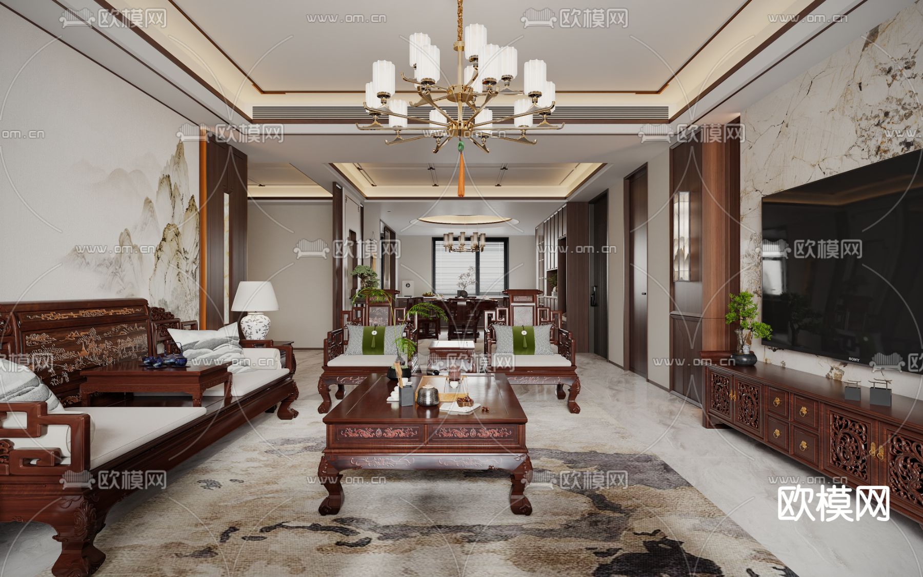 中式客厅 餐厅3d模型下载_ID14134074_3dmax免费模型-欧模网