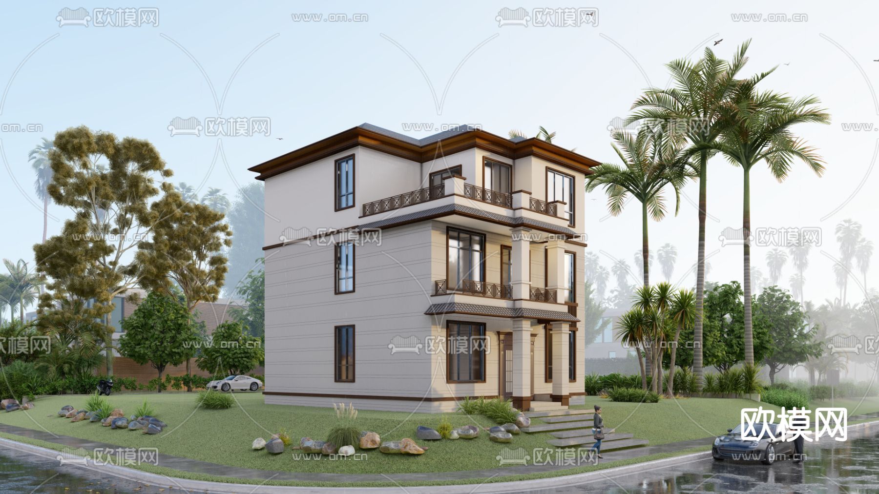 新中式别墅外观su模型下载（渲染图1）
