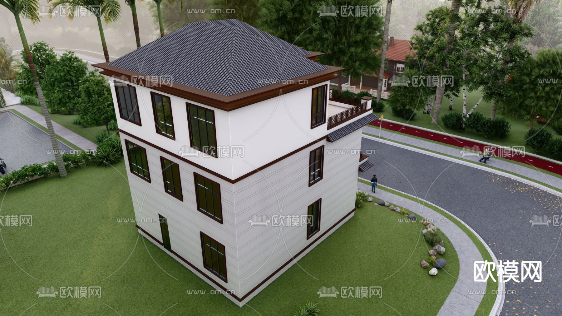 新中式别墅外观su模型下载（渲染图2）